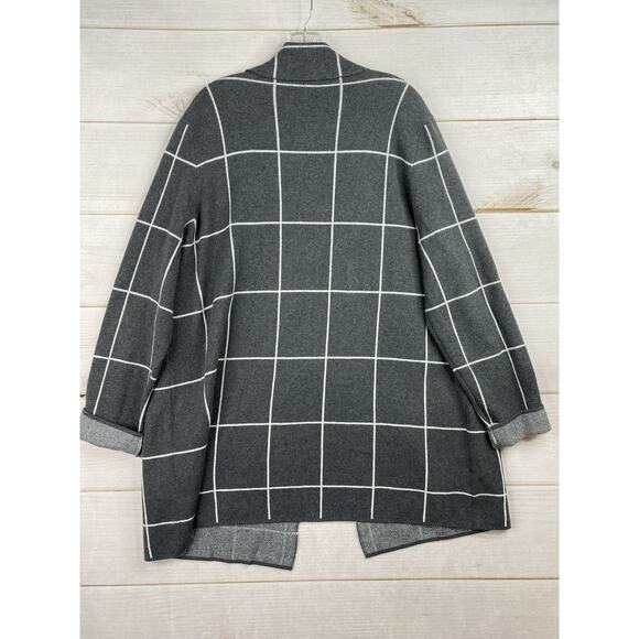 Ann Taylor Loft Open Cardigan Sz XXL Gray Big Checks Pockets 100% Cotton Knit - Picture 8 of 8